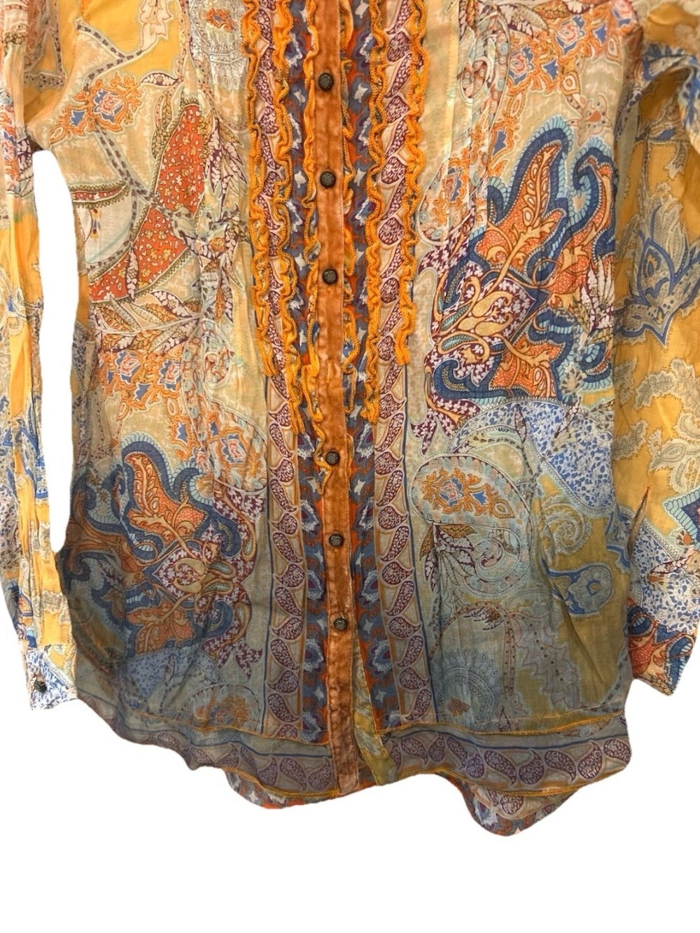 Soft Surroundings Ombre Paisley Boho Blouse Velvet Trim Button Front M - Picture 7 of 8